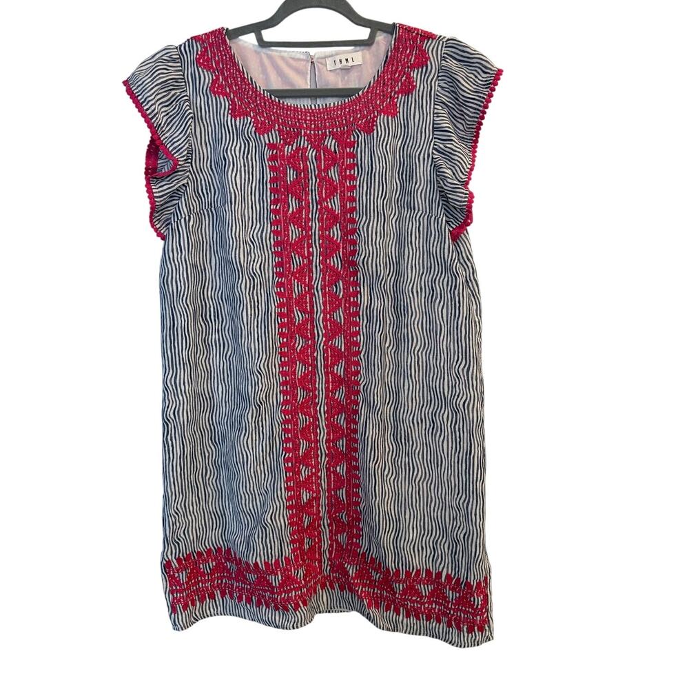 THML Anthropologie Stripe Embroidered Shift Dress Pink Navy Flutter Sleeve Large - Picture 3 of 6